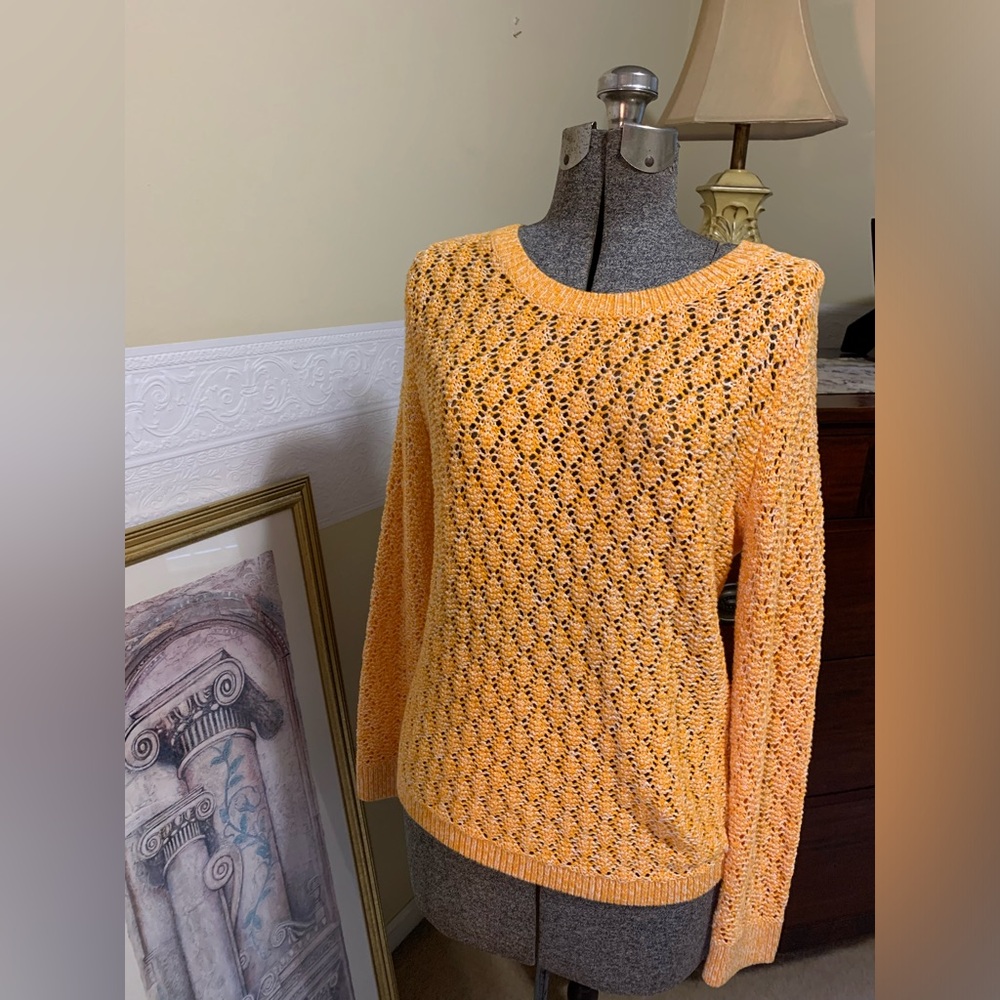 Talbots Pointelle Marl Sweater Crew Neck Cotton Blend Yellow White Petite Medium